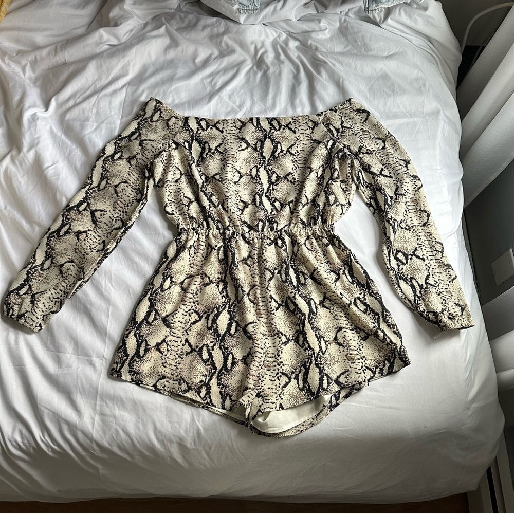 Off Shoulder and Open Back Snake Skin Romper